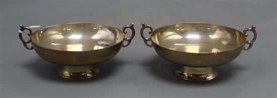 A pair of George V silver two handled bonbon dishes, Sheffield, 1929/30, diameter 10.1cm, 8 oz.